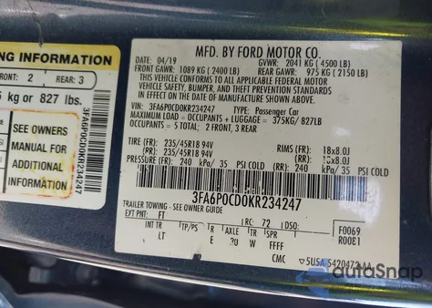 2019 Ford Fusion Sel z USA, uszkodzony, nr VIN 3FA6P0CD0KR234247